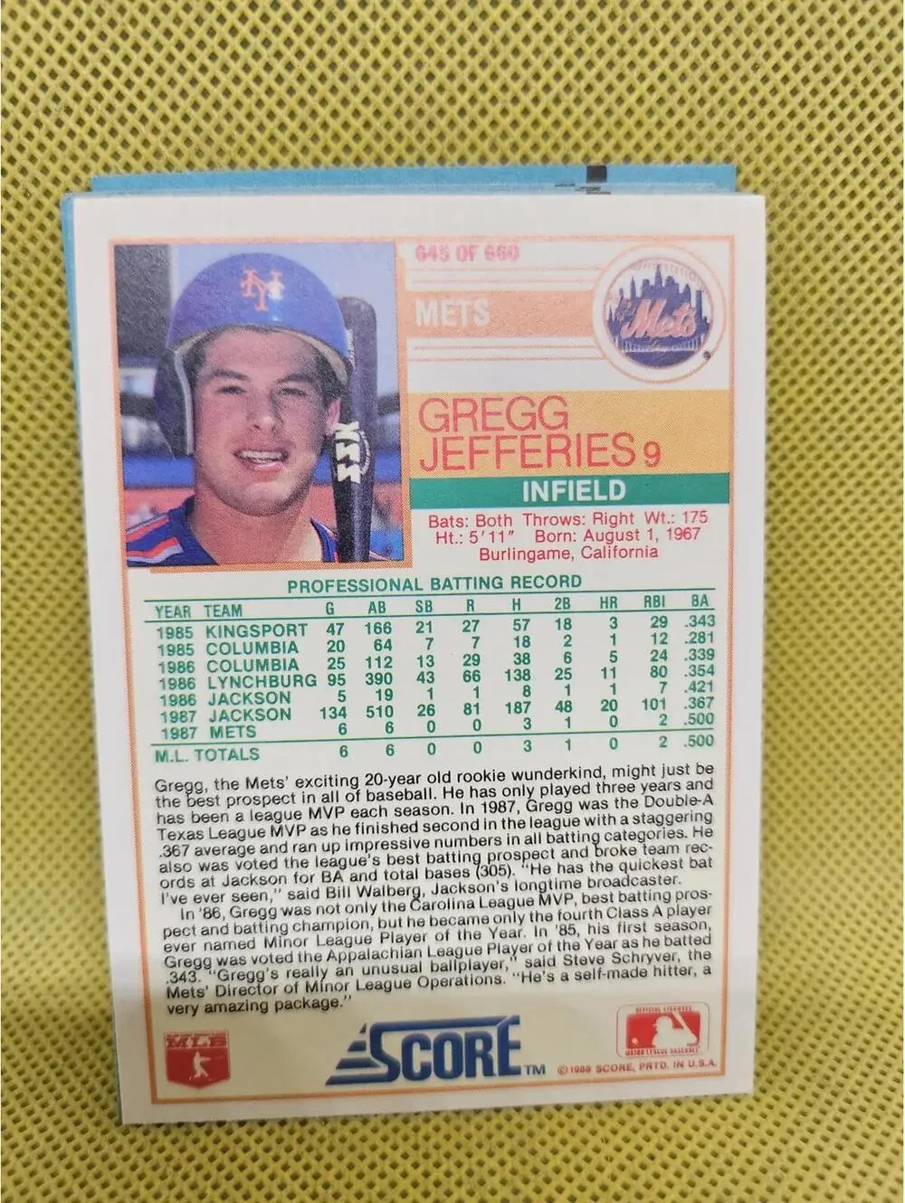 Gregg Jeffries - Rookie Prospect - 1988 Score #645 - Mets - RAW Mint